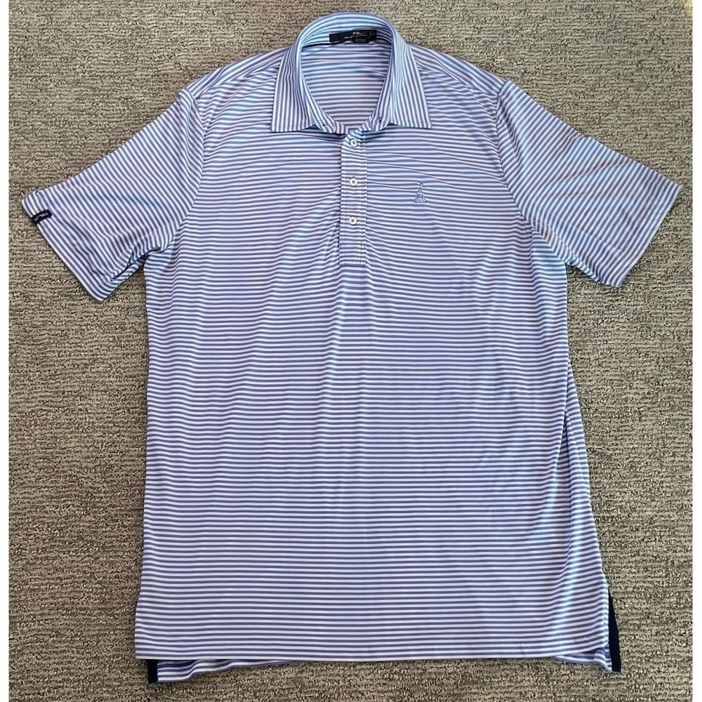 RLX Ralph Lauren‎ Golf Polo Men's XL Blue Striped Performance Wicking Emblem